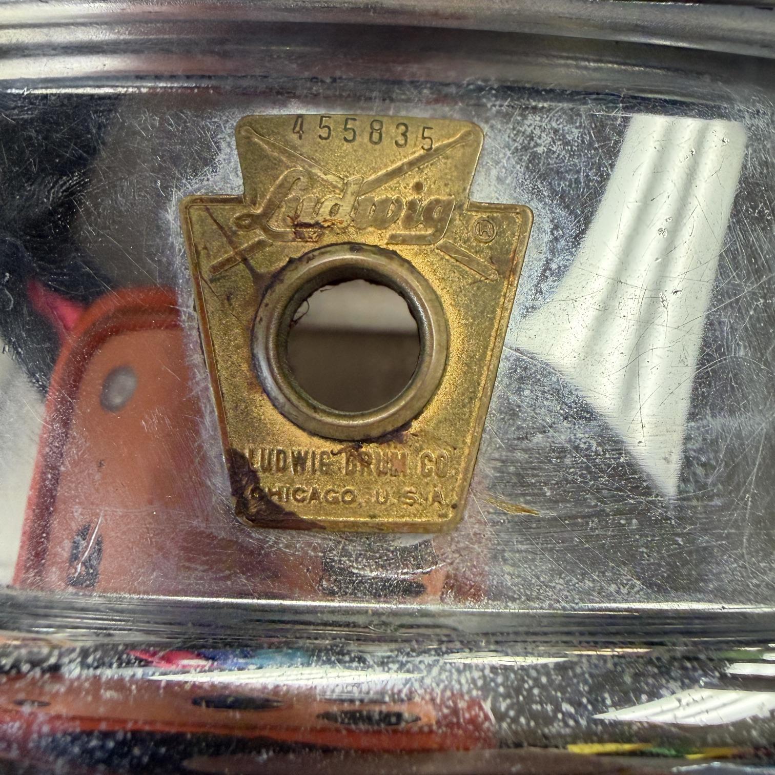 Vintage 1967 Ludwig 14"x5" Chrome over Brass Snare Drum Keystone Badge No. 400? Supraphonic? - Image 11