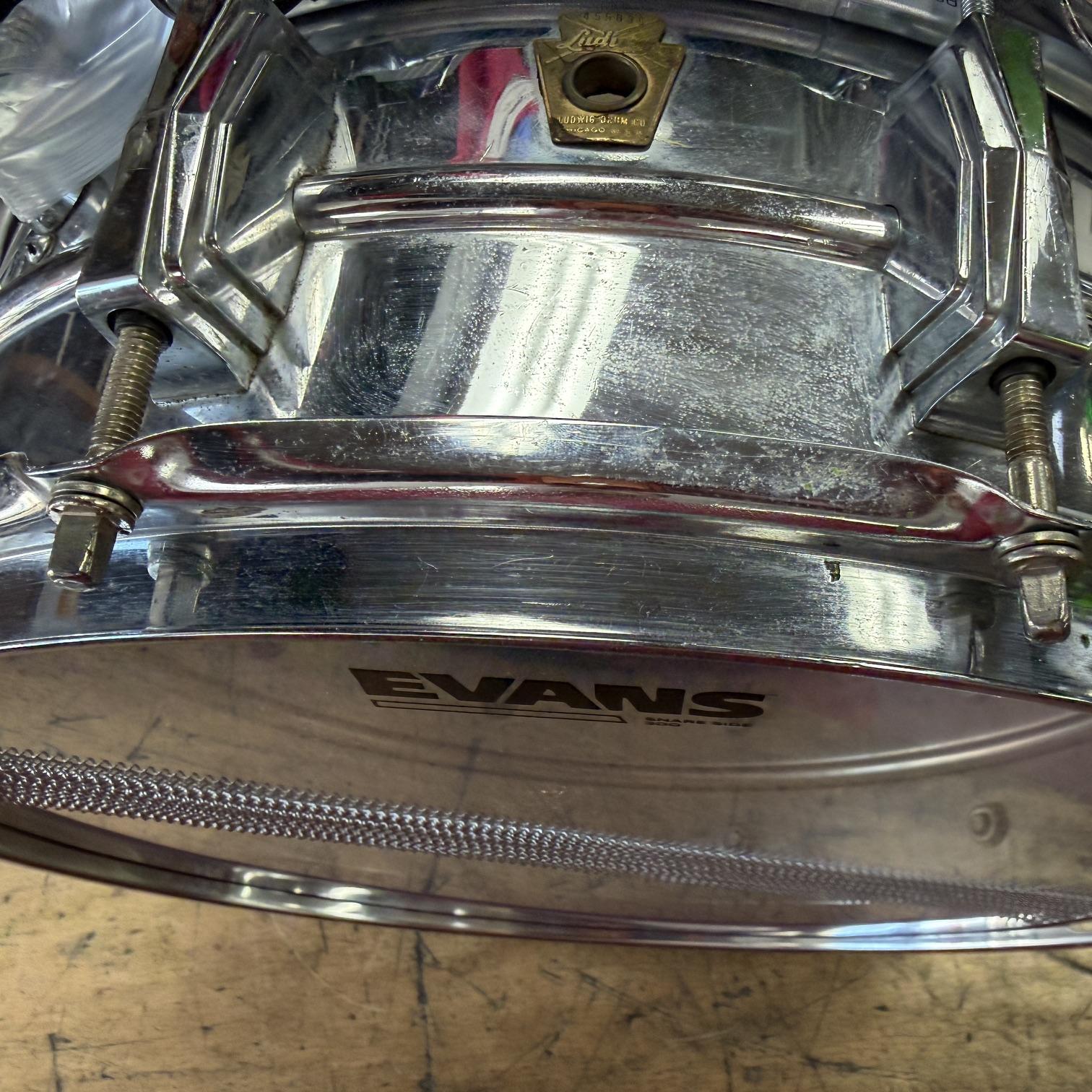Vintage 1967 Ludwig 14"x5" Chrome over Brass Snare Drum Keystone Badge No. 400? Supraphonic? - Image 12
