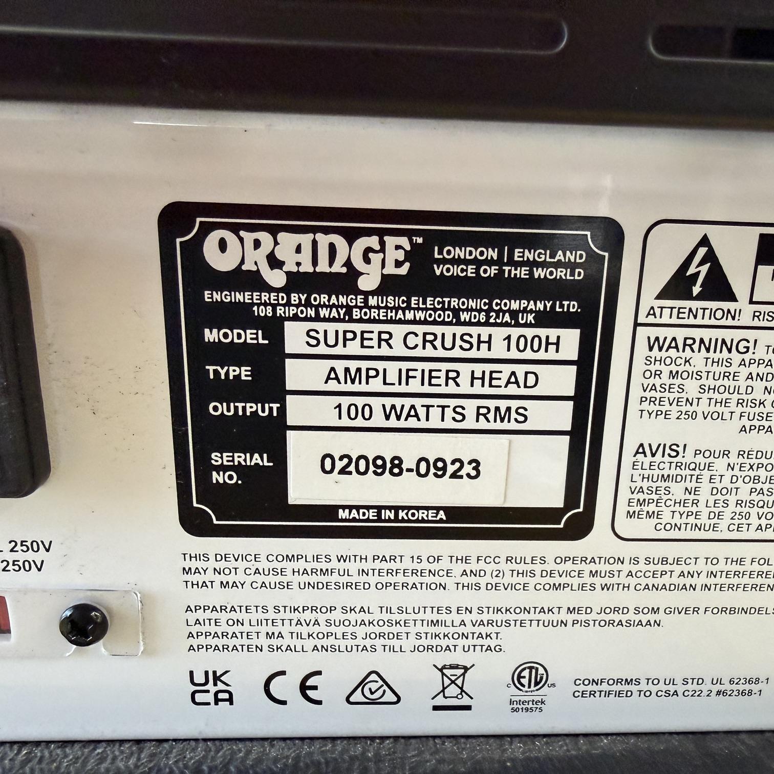 Used Orange Super Crush 100H 100-Watt Guitar Amp Amplifier Head Black - Image 12