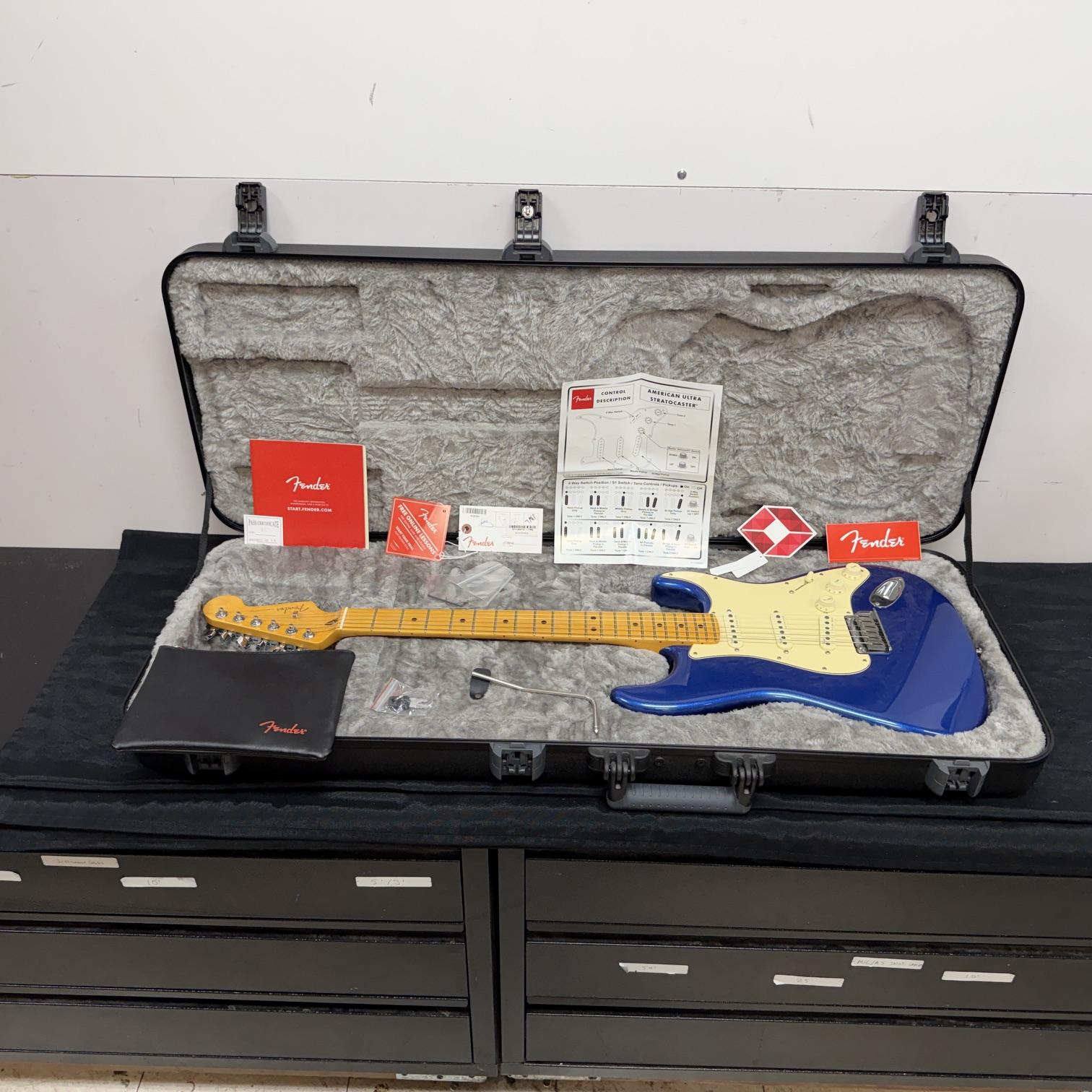 Used Fender American Ultra Strat Stratocaster Electric Guitar Cobra Blue 2019 with Original Case and Extras