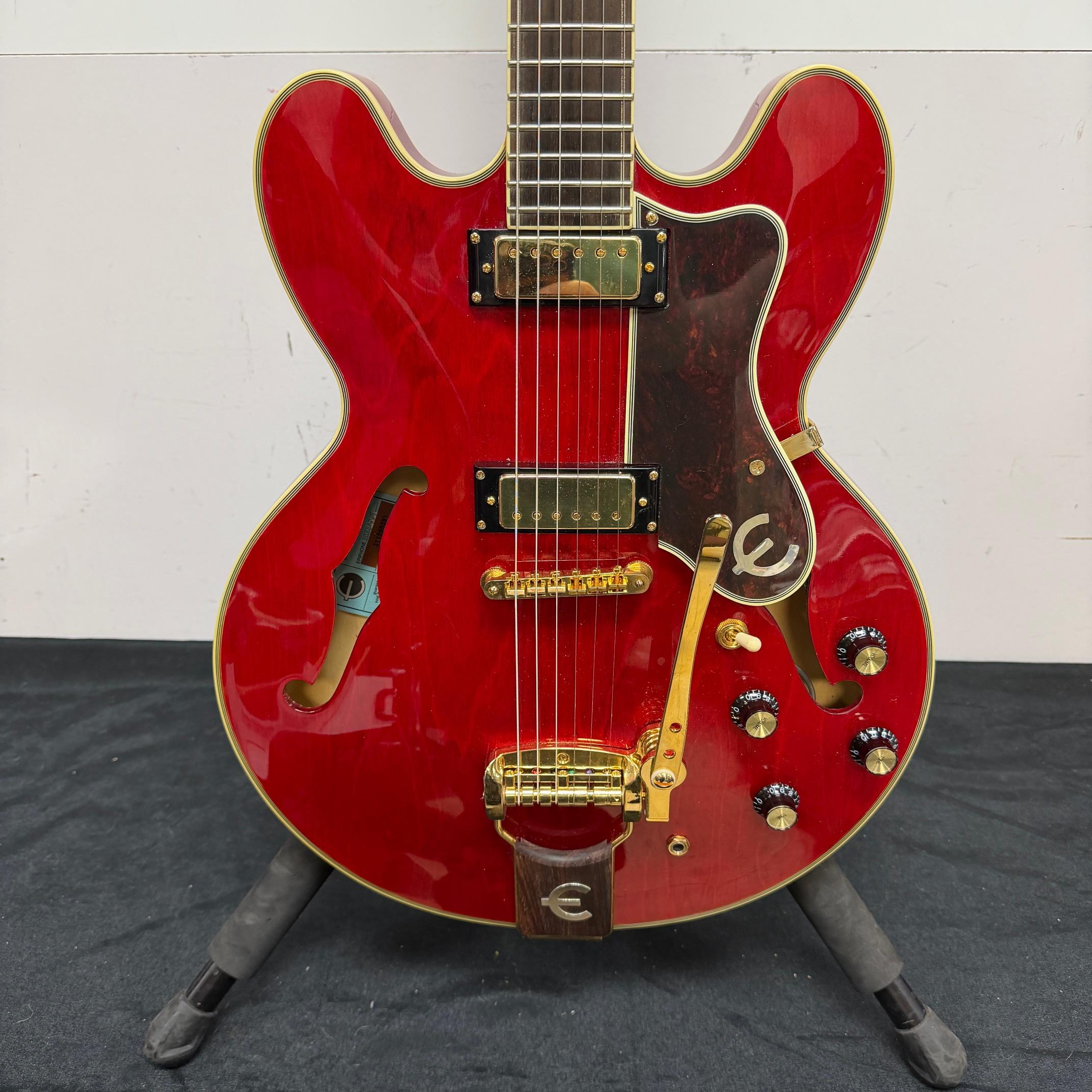 Used Epiphone E212TV Sheraton 50th Anniversary 1962 Reissue Cherry Semi-Hollow Body Electric Guitar with Tremolo Bridge & Case - Image 9