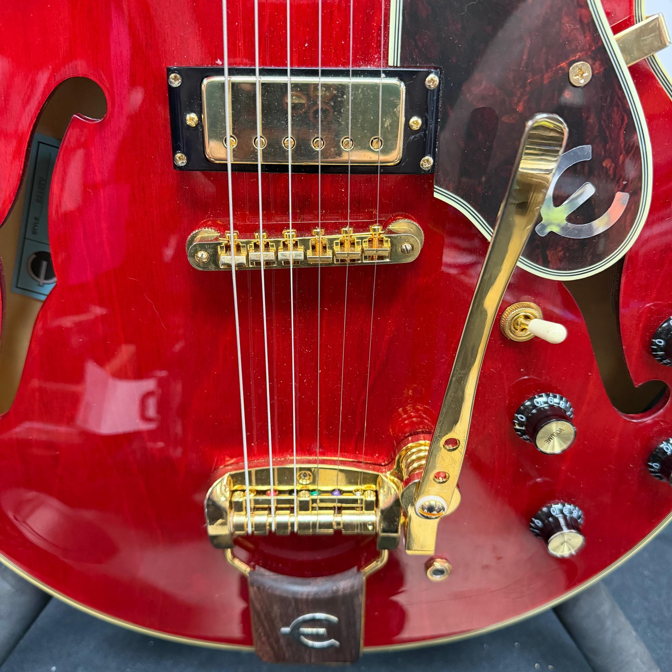 Used Epiphone E212TV Sheraton 50th Anniversary 1962 Reissue Cherry Semi-Hollow Body Electric Guitar with Tremolo Bridge & Case - Image 11