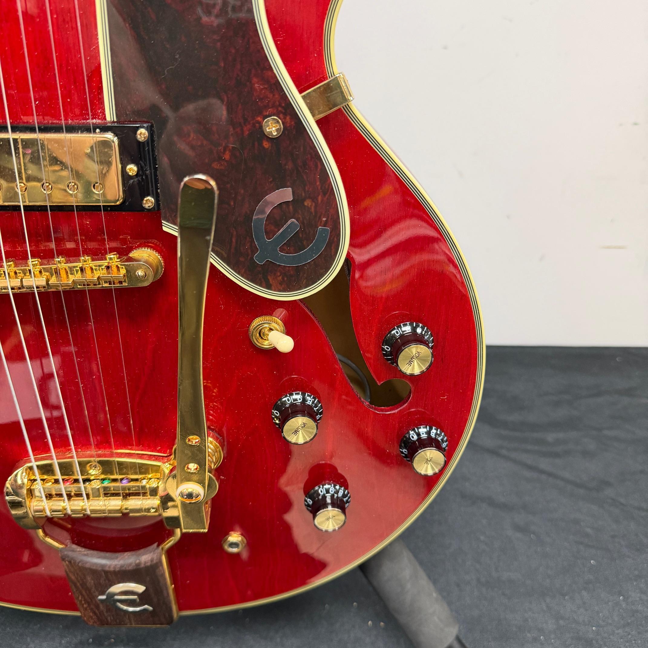 Used Epiphone E212TV Sheraton 50th Anniversary 1962 Reissue Cherry Semi-Hollow Body Electric Guitar with Tremolo Bridge & Case - Image 12