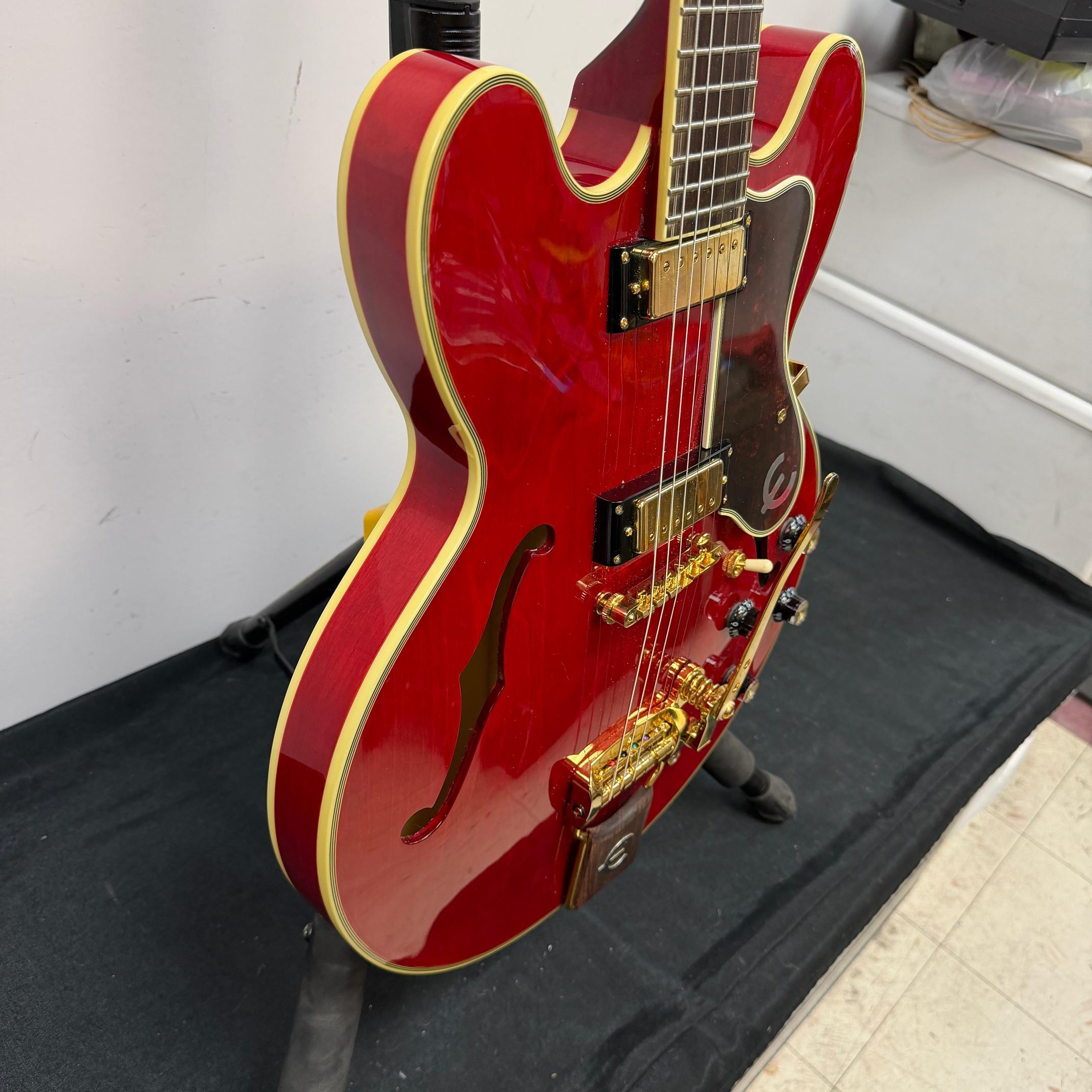 Used Epiphone E212TV Sheraton 50th Anniversary 1962 Reissue Cherry Semi-Hollow Body Electric Guitar with Tremolo Bridge & Case - Image 13