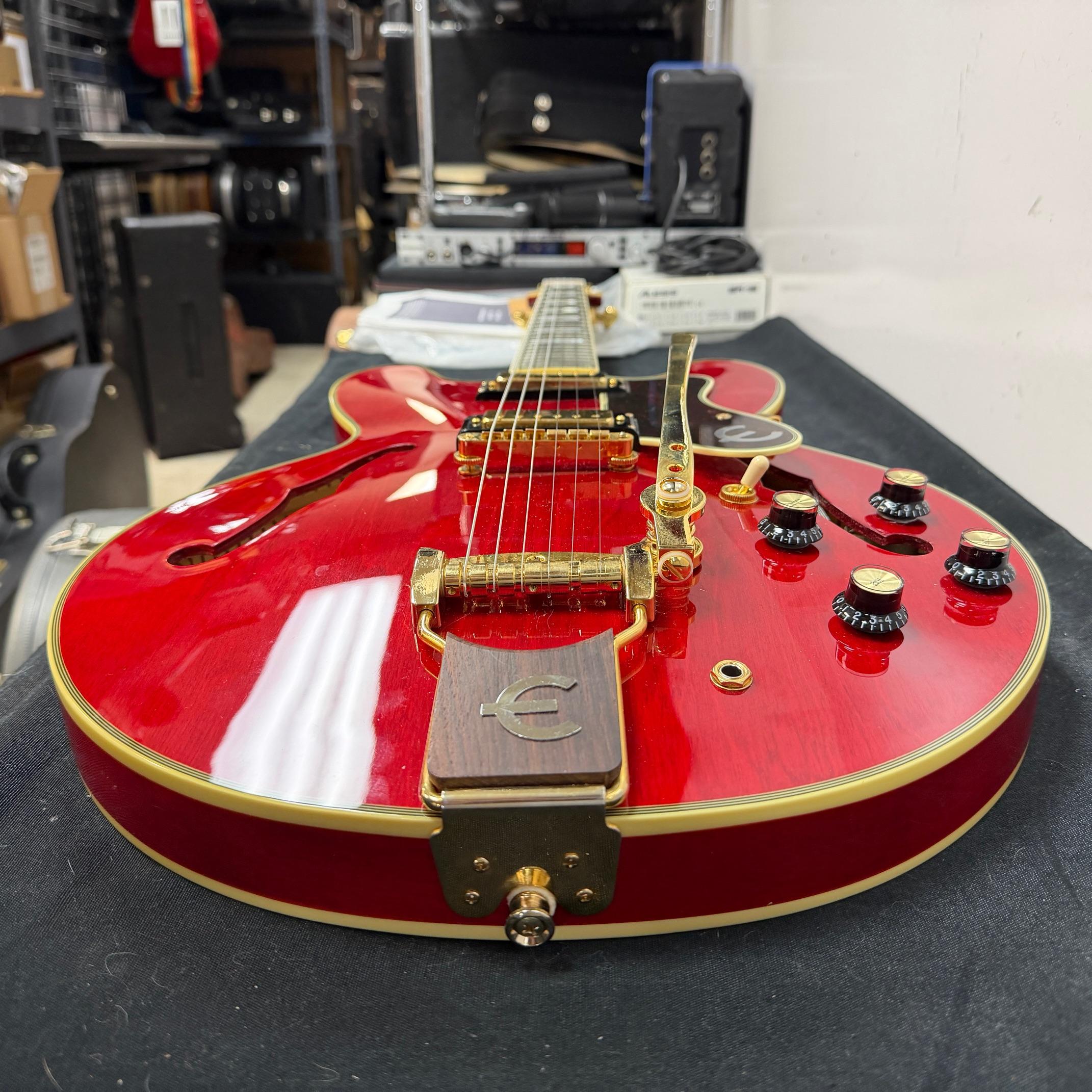 Used Epiphone E212TV Sheraton 50th Anniversary 1962 Reissue Cherry Semi-Hollow Body Electric Guitar with Tremolo Bridge & Case - Image 25
